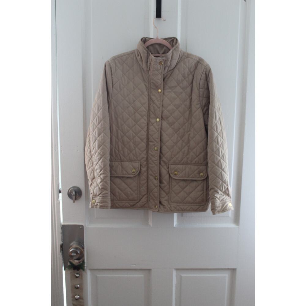 Women's British Khaki Tan Barn Quilted Jacket Size Large Tartan Interior